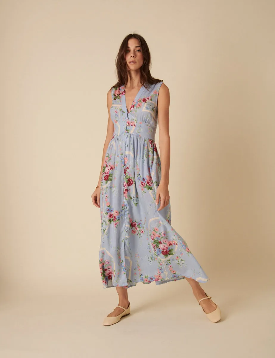 Blue Floral Sleeveless Starlight Midi Dress sold by Nobody's Child