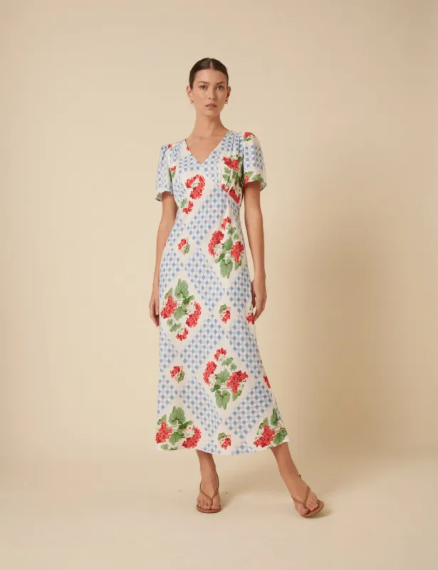 Blue Tile Print Floral Flora Midi Dress sold by Nobody's Child