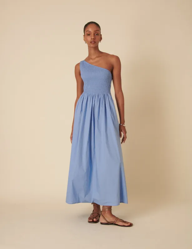 Blue One Shoulder Georgia Midi Dress sold by Nobody's Child