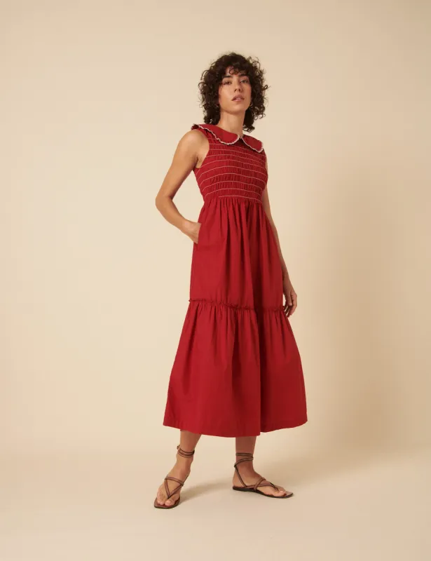 Red Ruched Collar Tiered Teresa Midi Dress sold by Nobody's Child