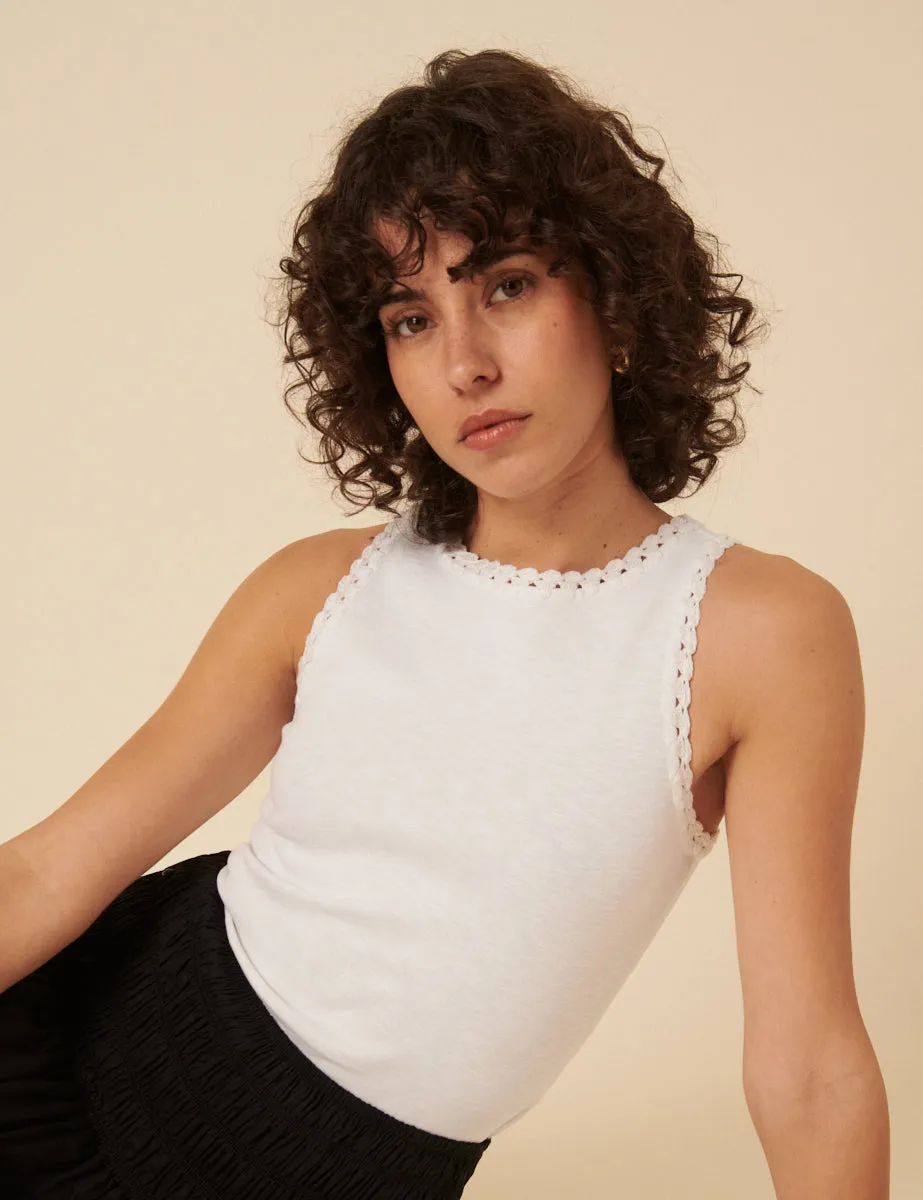 White Crochet Trim Racer Vest Top sold by Nobody's Child