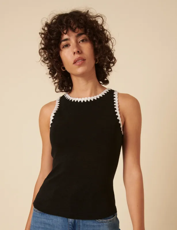Black Crochet Trim Racer Vest Top sold by Nobody's Child