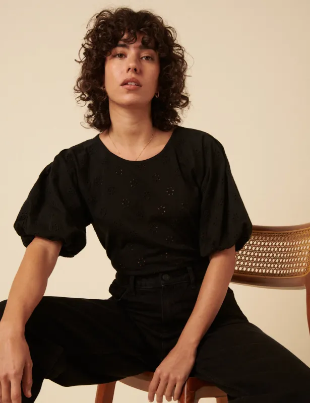 Black Broderie Puff Sleeve Top sold by Nobody's Child