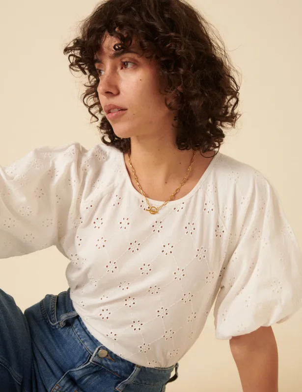 White Broderie Puff Sleeve Top sold by Nobody's Child