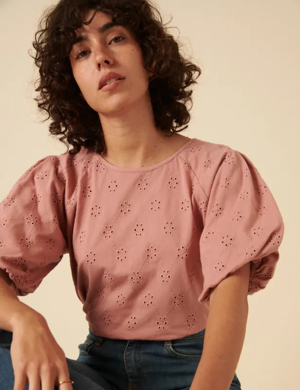 Pink Puff Sleeve Broderie Top sold by Nobody's Child