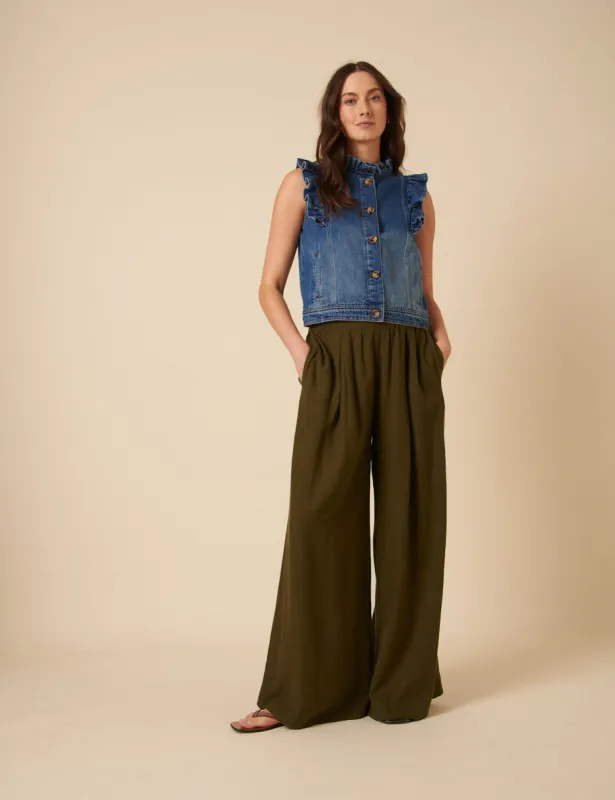 Khaki Linen-blend Jerrow Wide Leg Trousers sold by Nobody's Child
