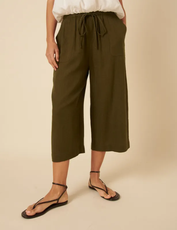 Khaki Linen-blend Cropped Shona Trousers sold by Nobody's Child