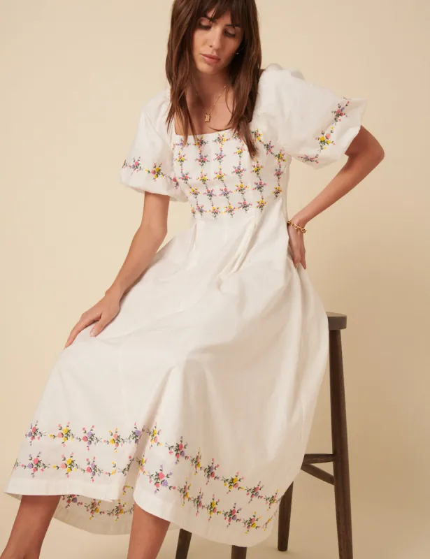 White Floral Puff Sleeve Demi Midi Dress sold by Nobody's Child