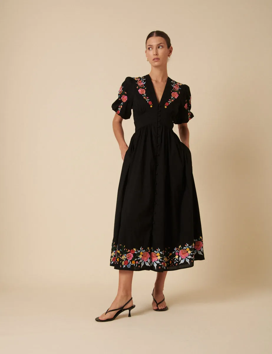 Black Floral Embroidered Starlight Midi Dress sold by Nobody's Child