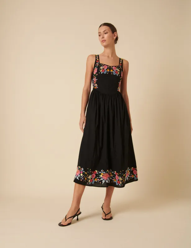 Black Floral Embroidered Serafina Midi Dress sold by Nobody's Child
