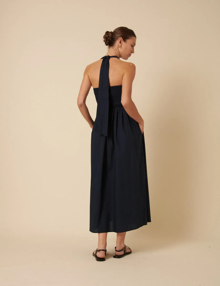 Navy Shirred Halter Neck Tizzy Midi Dress sold by Nobody's Child product image thumbnail 4