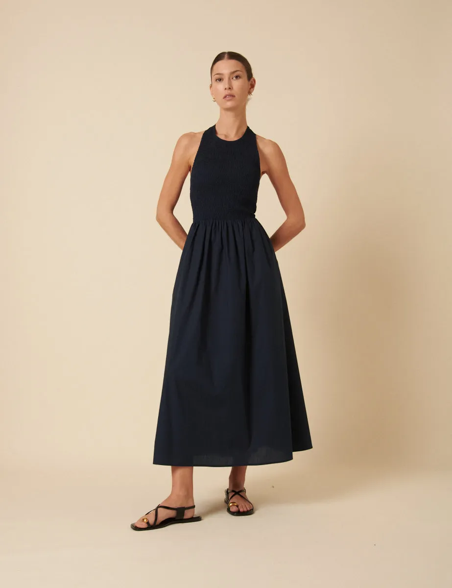 Navy Shirred Halter Neck Tizzy Midi Dress sold by Nobody's Child