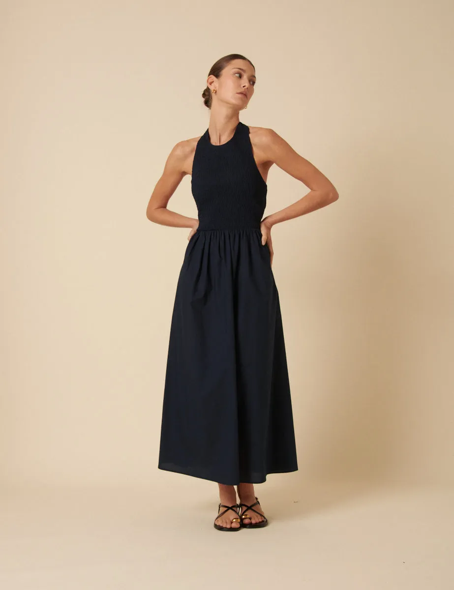 Navy Shirred Halter Neck Tizzy Midi Dress sold by Nobody's Child product image thumbnail 3