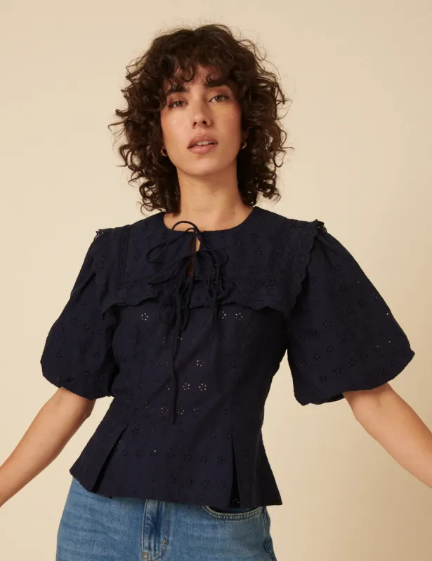 Navy Broderie Anglaise Collar Blouse sold by Nobody's Child
