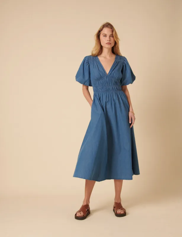 Blue Denim Ruched Sunni Midi Dress sold by Nobody's Child