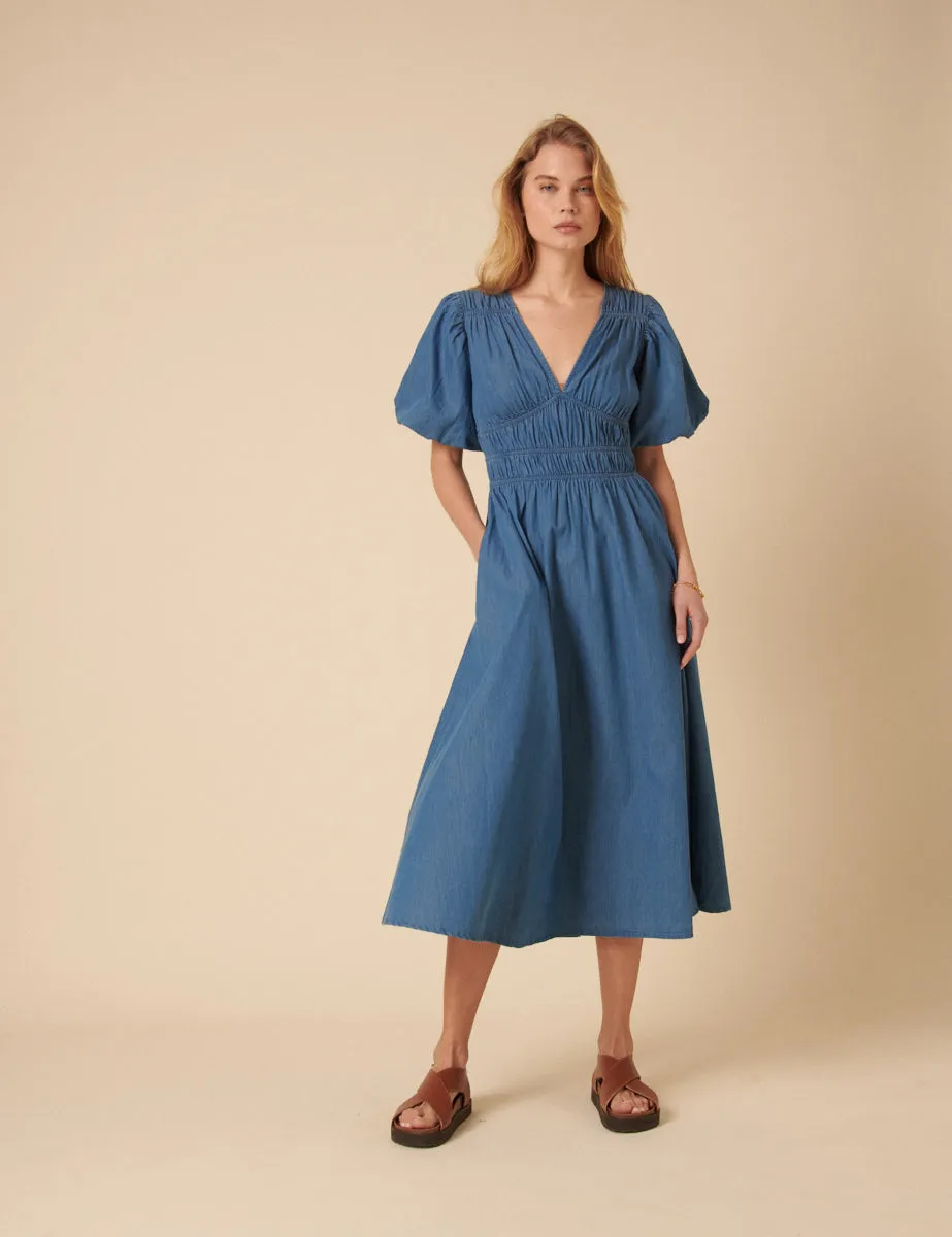Blue Denim Ruched Sunni Midi Dress sold by Nobody's Child