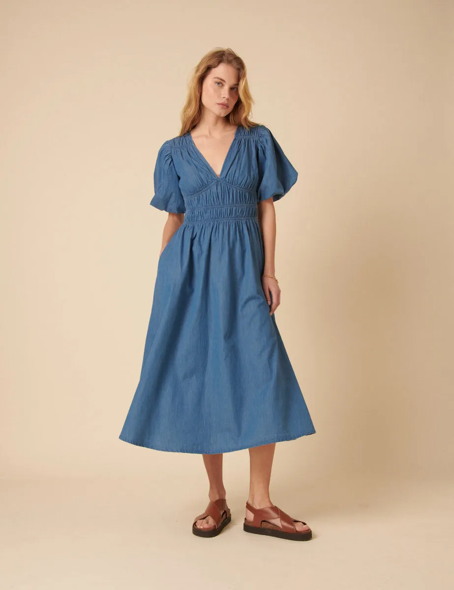 Blue Denim Ruched Sunni Midi Dress sold by Nobody's Child product image thumbnail 3