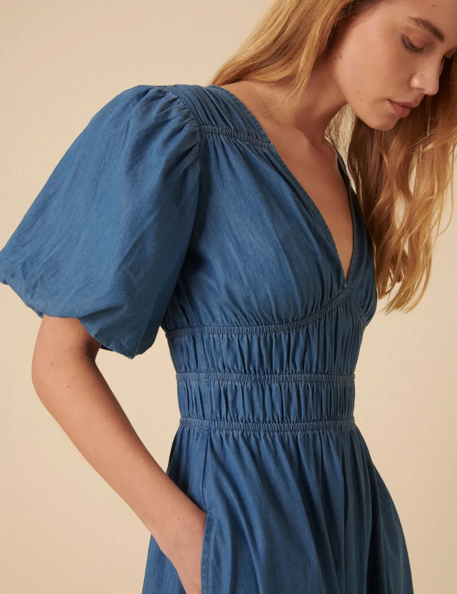 Blue Denim Ruched Sunni Midi Dress sold by Nobody's Child product image thumbnail 4