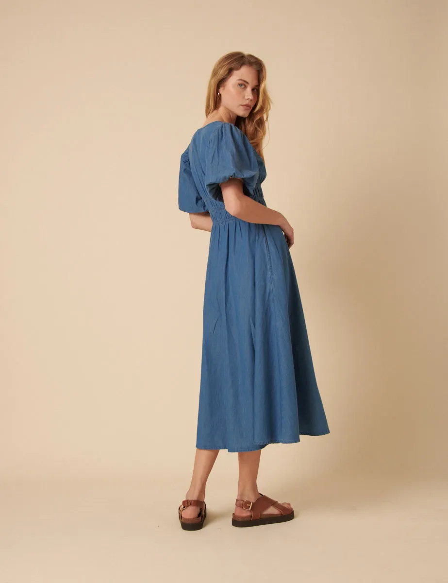 Blue Denim Ruched Sunni Midi Dress sold by Nobody's Child product image thumbnail 5