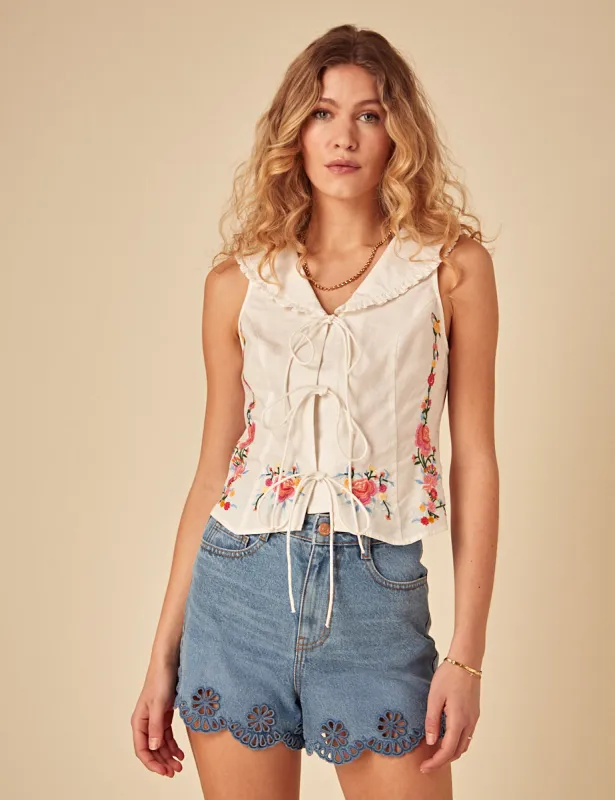 White Floral Embroidered Sleeveless Top sold by Nobody's Child