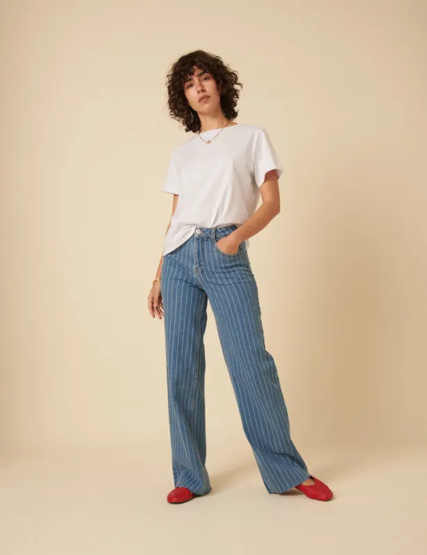 Blue Pinstripe High Rise Wide Leg Jeans sold by Nobody's Child
