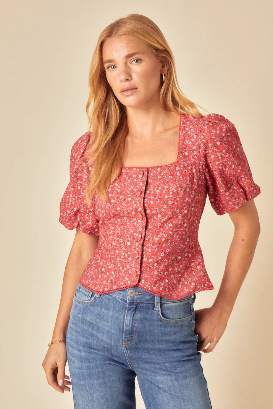 Red Floral Puff Sleeve Top sold by Nobody's Child product image thumbnail 2