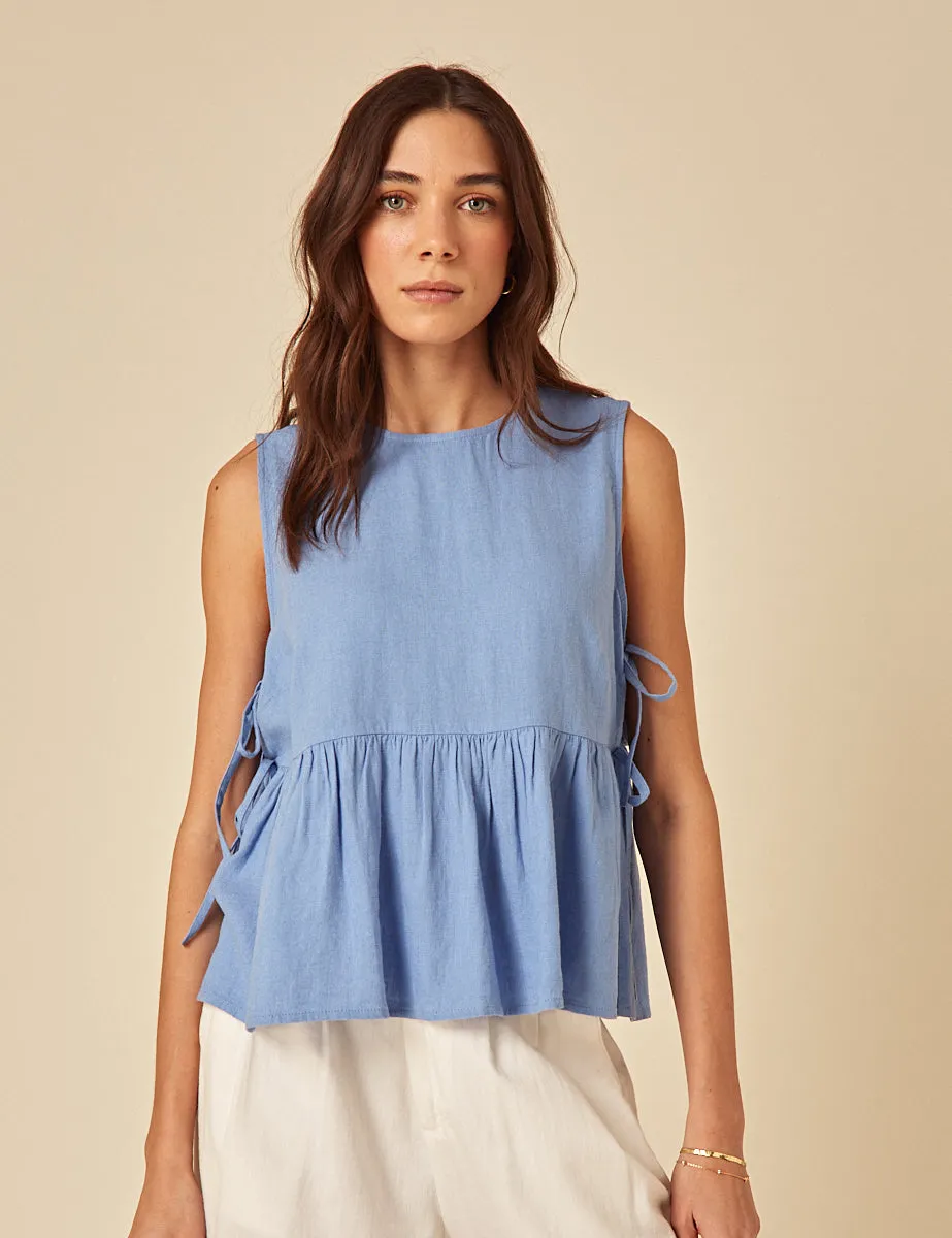 Blue Linen-blend Peplum Swing Top sold by Nobody's Child