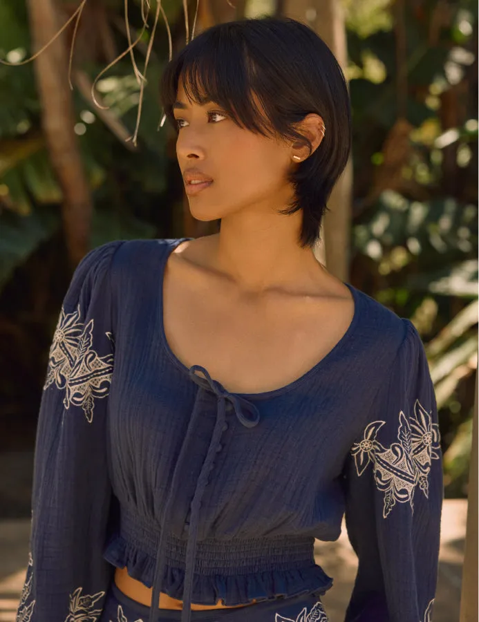 Navy Embroidered Tie Front Top sold by Nobody's Child