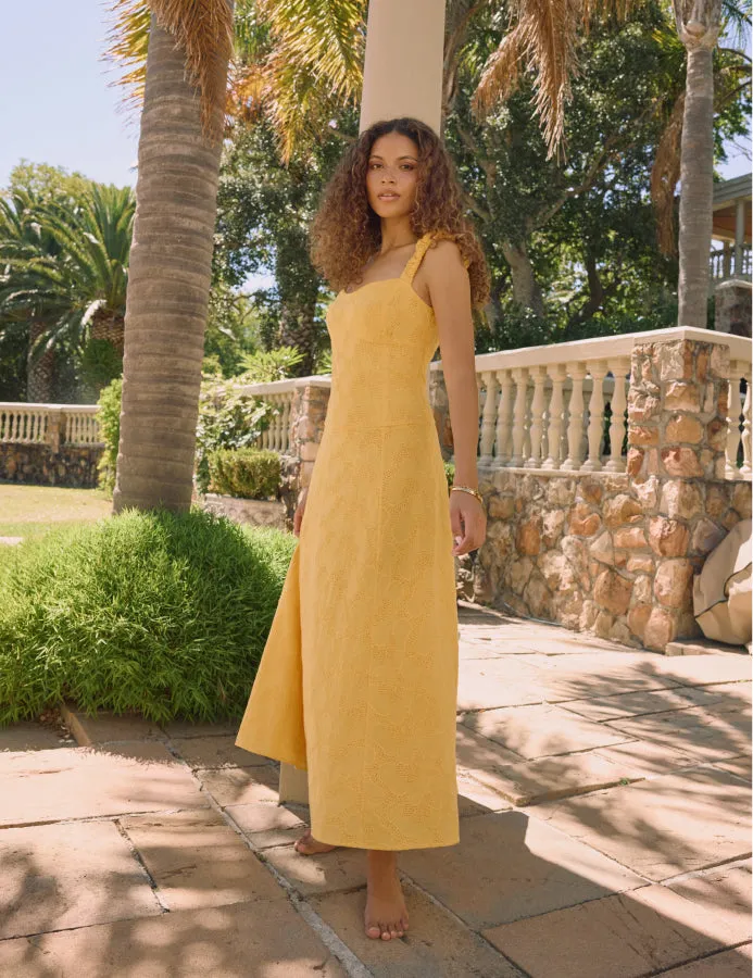 Yellow Floral Embroidered Sofia Midi Dress sold by Nobody's Child