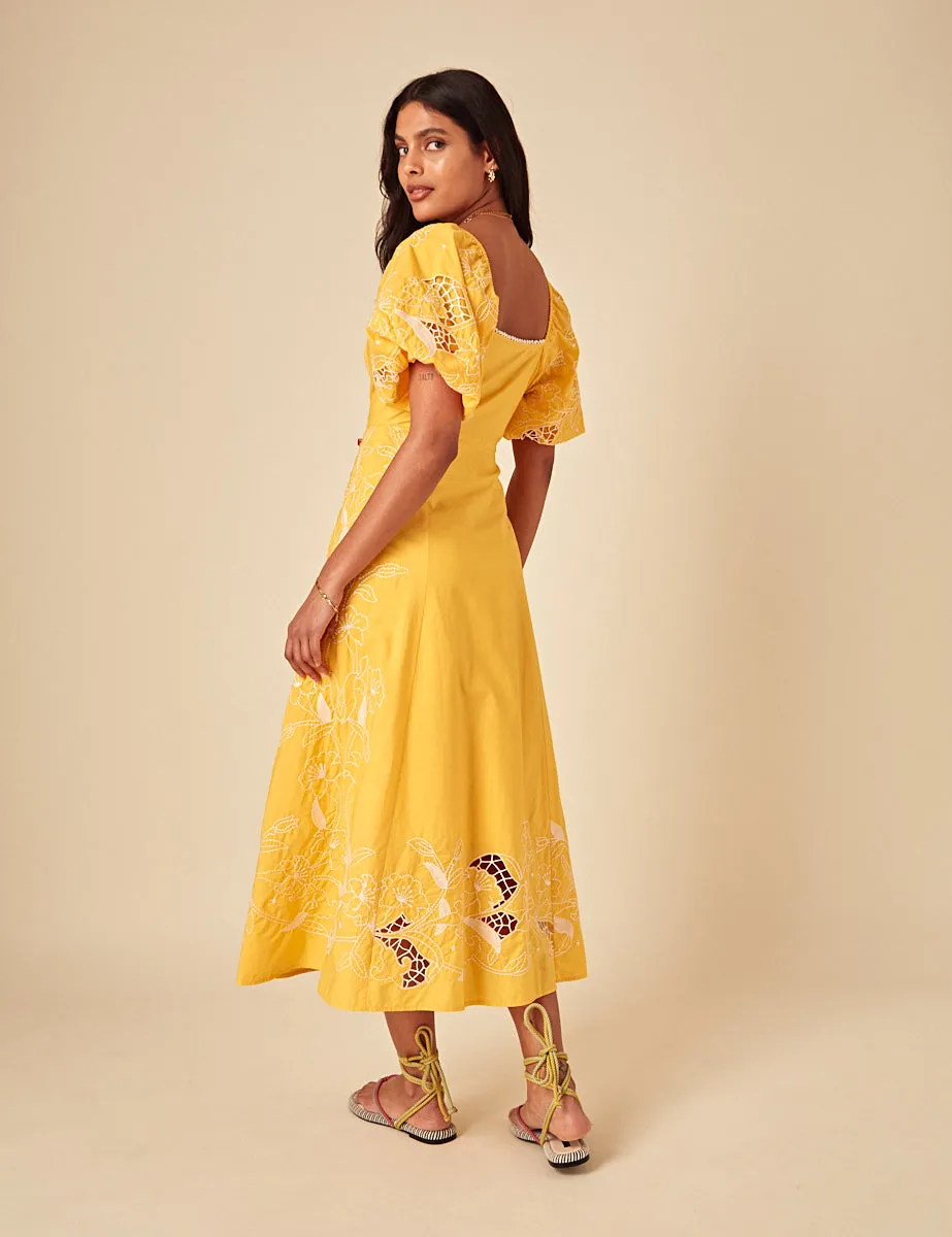 Yellow Floral Embroidered Puff Sleeve Beatrix Midi Dress sold by Nobody's Child product image thumbnail 4