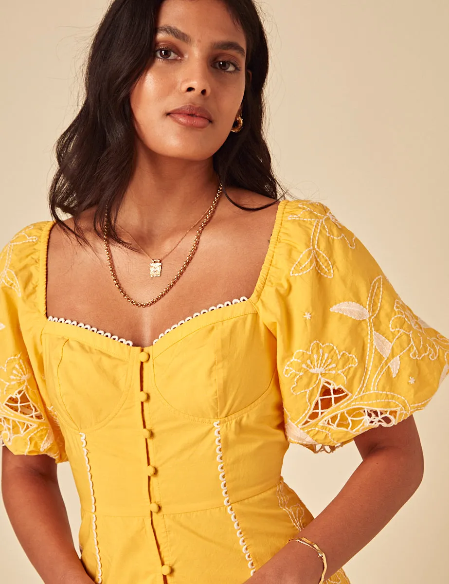 Yellow Floral Embroidered Puff Sleeve Beatrix Midi Dress sold by Nobody's Child product image thumbnail 2