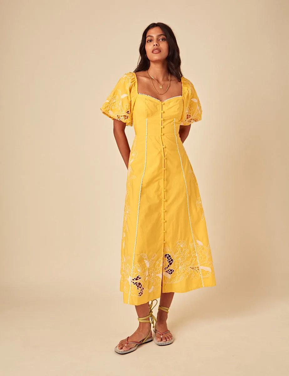Yellow Floral Embroidered Puff Sleeve Beatrix Midi Dress sold by Nobody's Child product image thumbnail 3