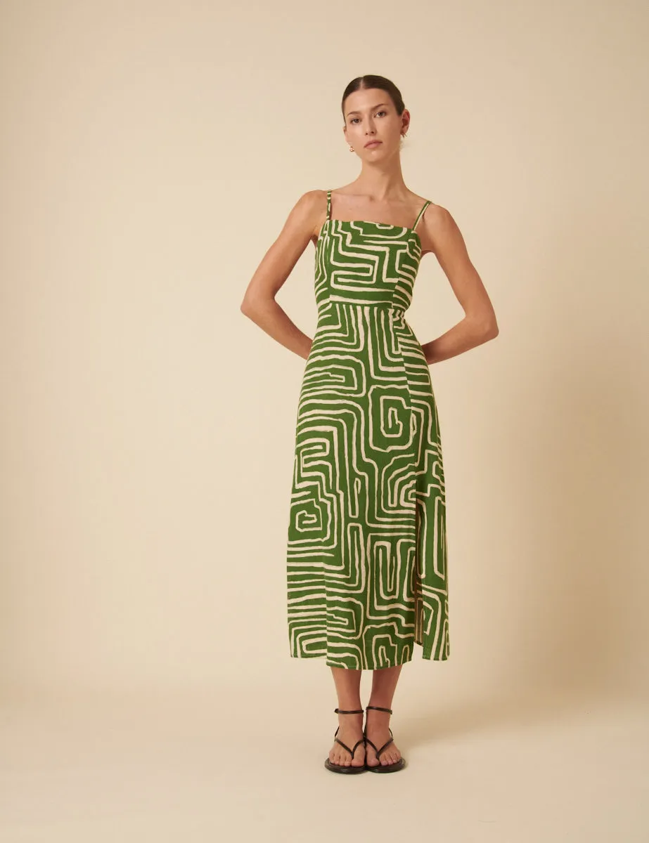 Green Linen-blend Abstract Maddy Midi Dress sold by Nobody's Child