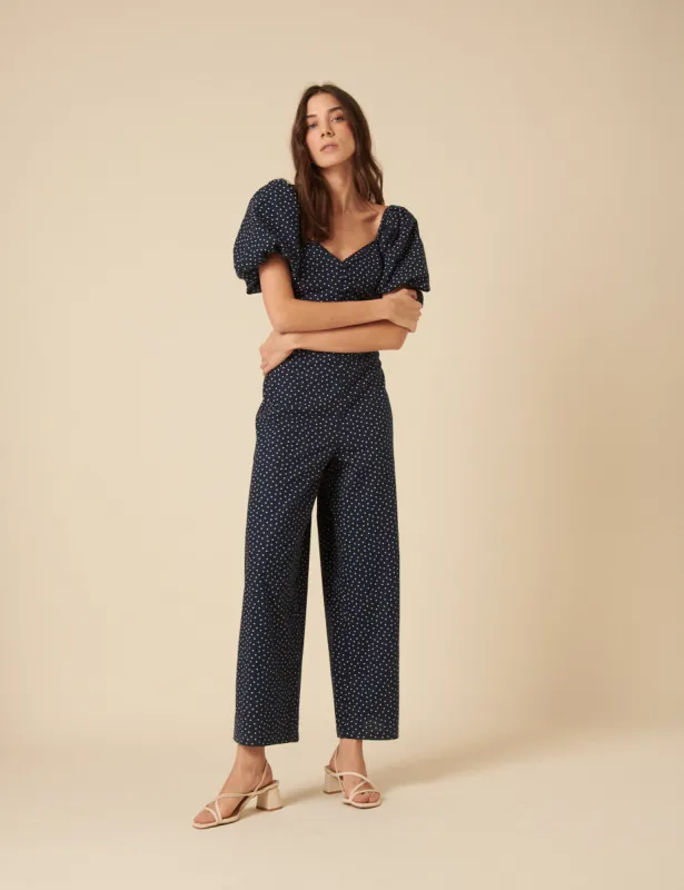 Navy Linen-blend Spotty Zoe Jumpsuit sold by Nobody's Child
