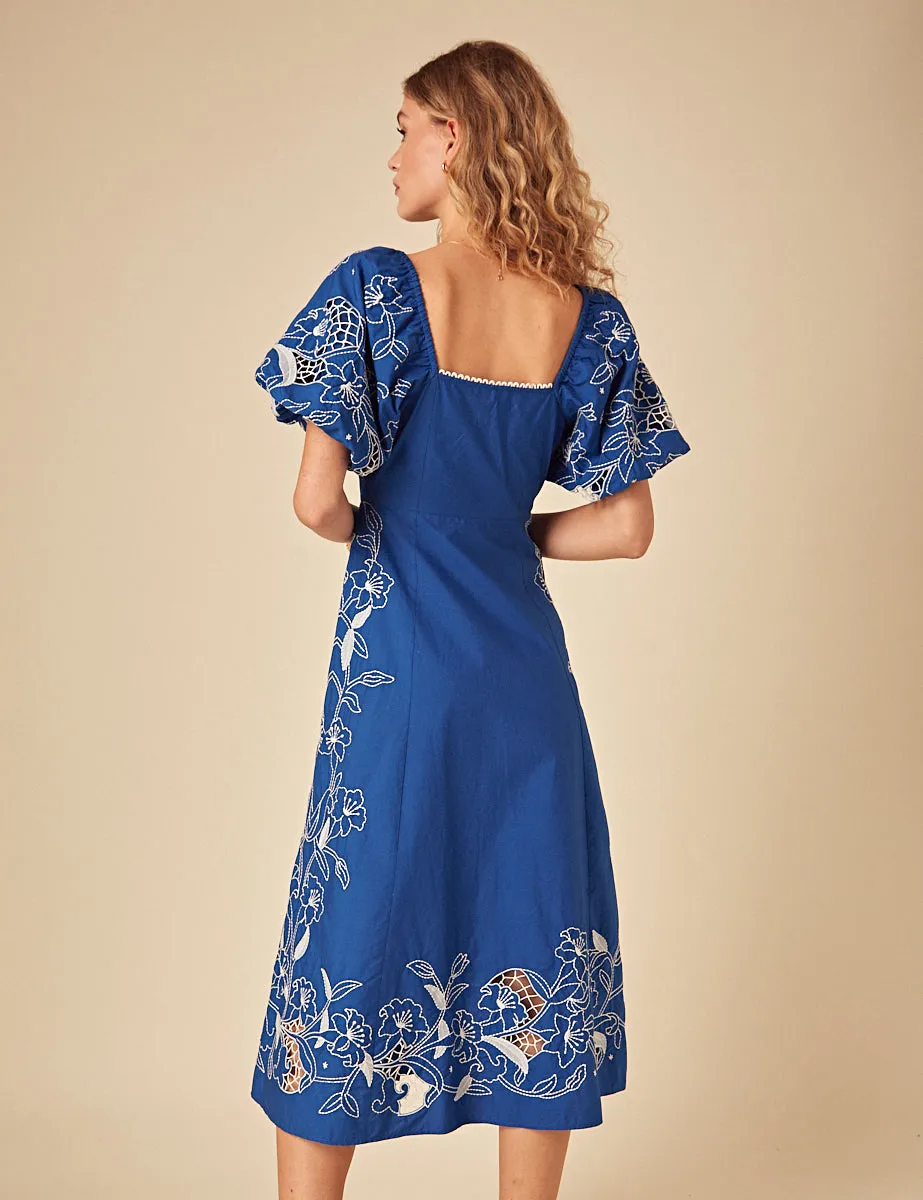 Blue Floral Embroidered Puff Sleeve Beatrix Midi Dress sold by Nobody's Child product image thumbnail 5