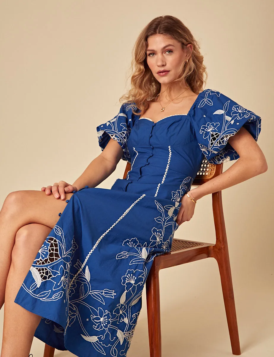 Blue Floral Embroidered Puff Sleeve Beatrix Midi Dress sold by Nobody's Child product image thumbnail 2