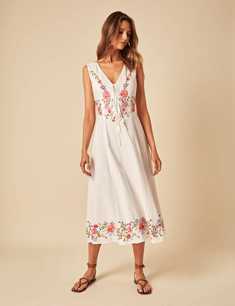 White Floral Embroidered Terra Midi Dress sold by Nobody's Child