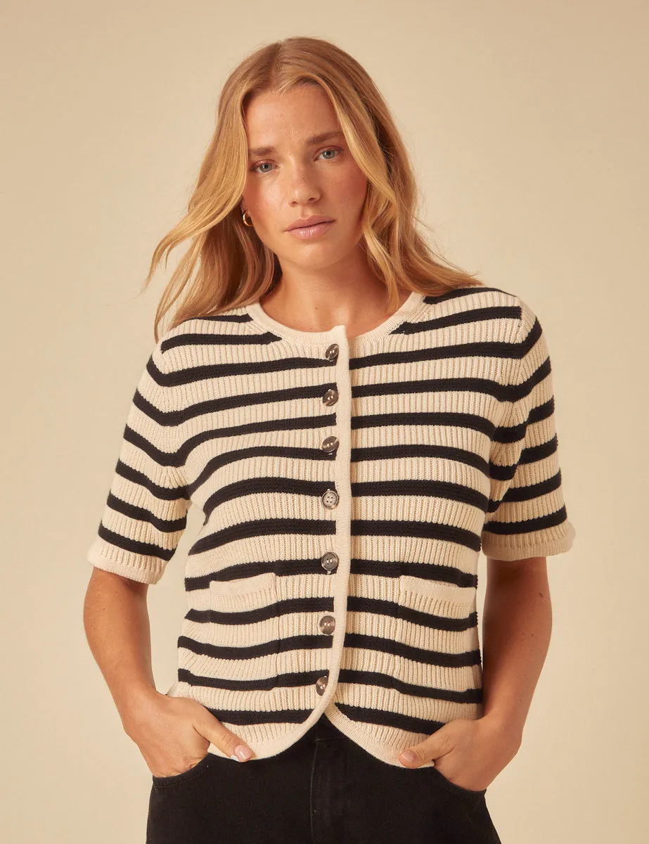 White Striped Short Sleeve Cardigan sold by Nobody's Child