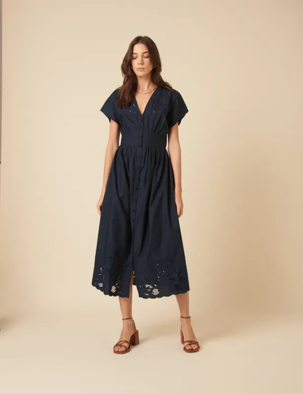 Navy Broderie Anglaise Levi Midi Dress sold by Nobody's Child