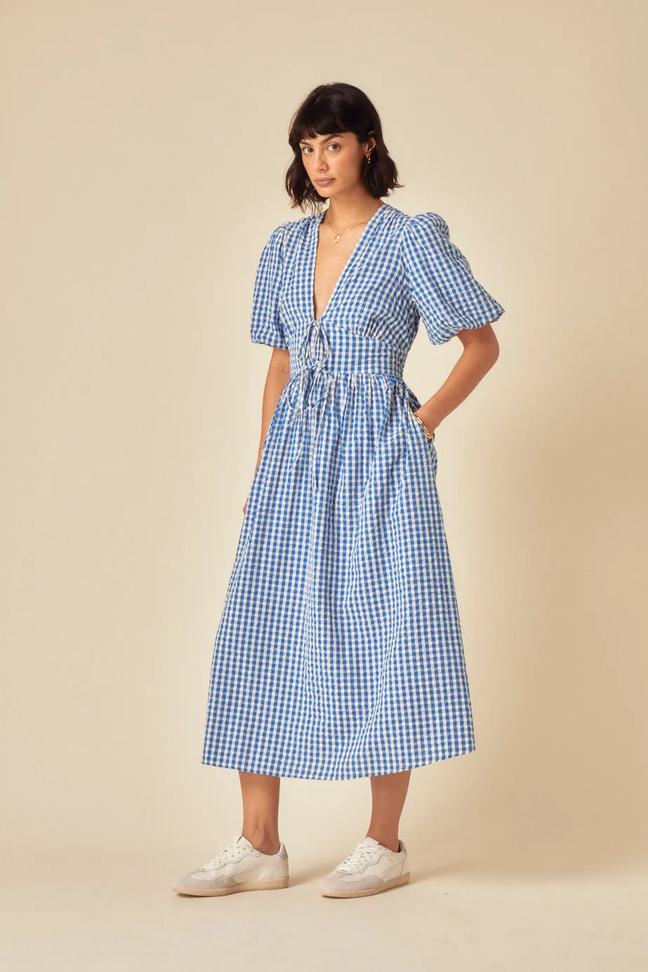 Blue Gingham Tie Front Scarla Midi Dress sold by Nobody's Child product image thumbnail 5