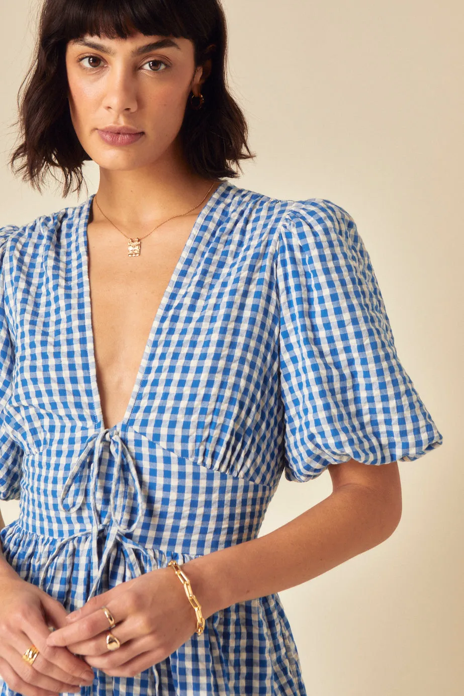 Blue Gingham Tie Front Scarla Midi Dress sold by Nobody's Child product image thumbnail 2