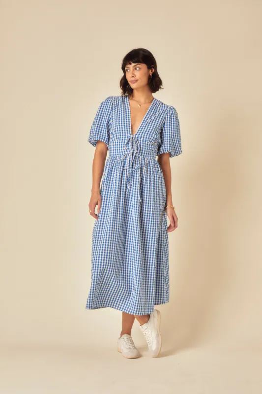 Blue Gingham Tie Front Scarla Midi Dress sold by Nobody's Child