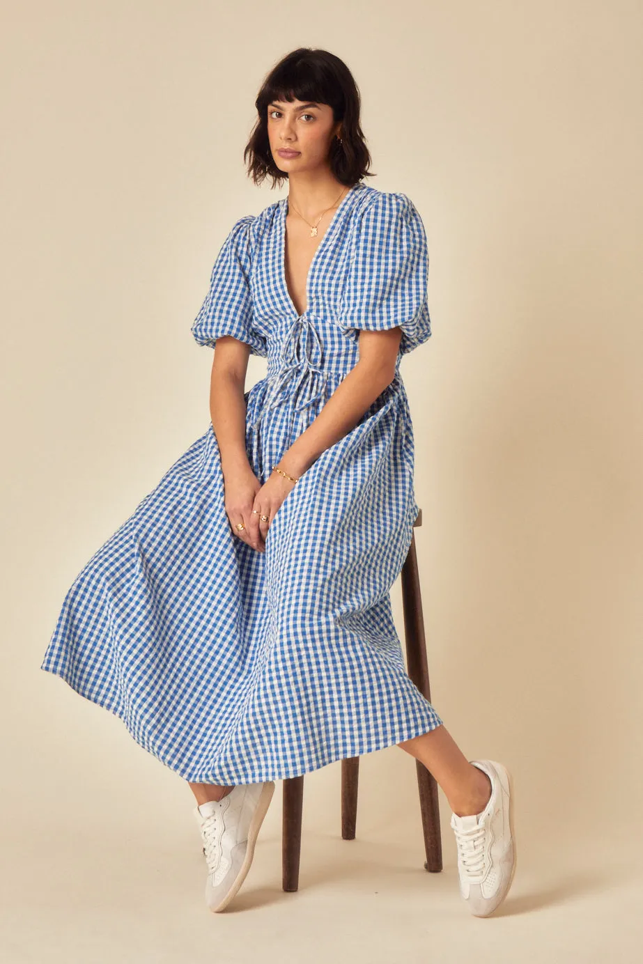 Blue Gingham Tie Front Scarla Midi Dress sold by Nobody's Child product image thumbnail 3