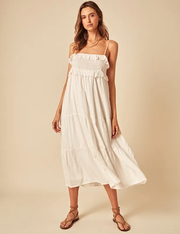 White Embroidered Tiered Florian Midi Dress sold by Nobody's Child