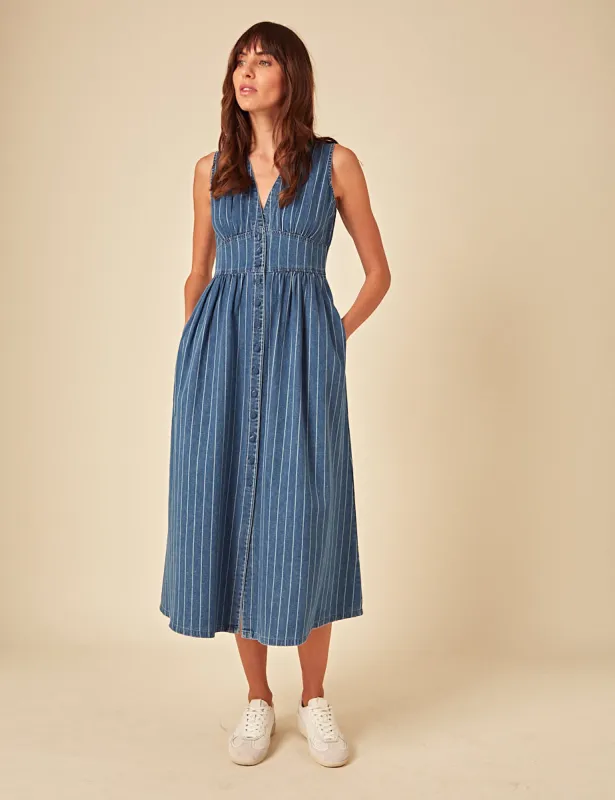 Blue Denim Sleeveless Pinstripe Midi Dress sold by Nobody's Child