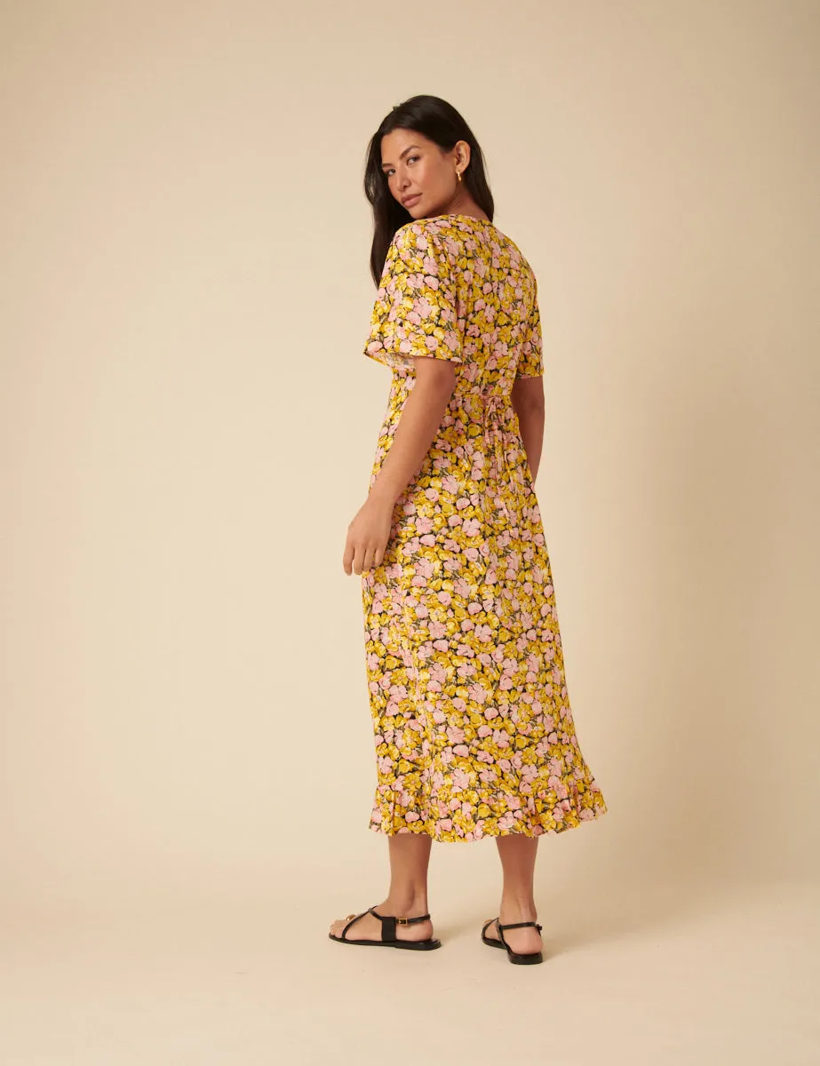 Yellow Floral Frill Sleeve Dalia Midi Dress sold by Nobody's Child product image thumbnail 5