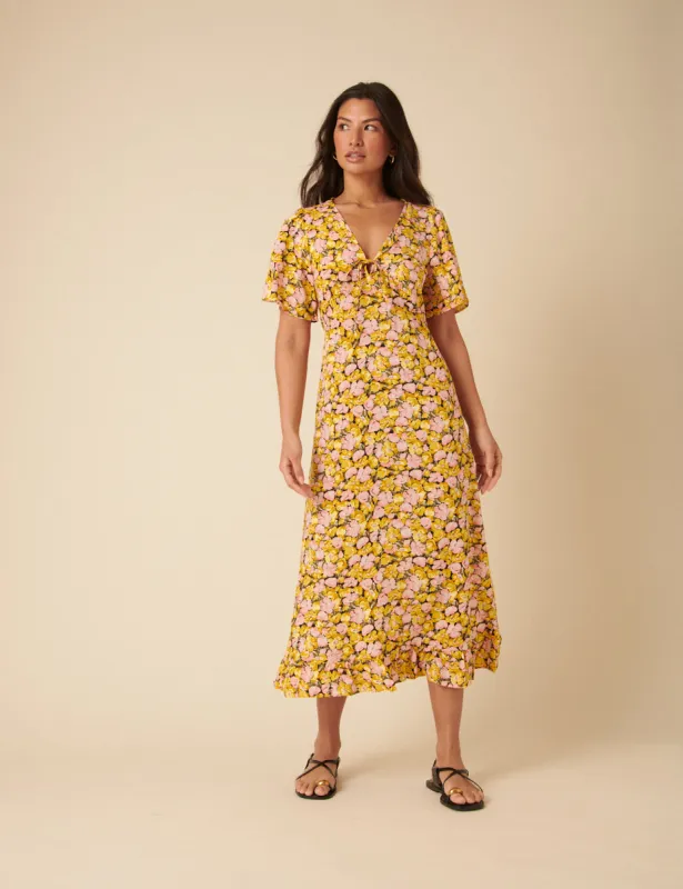 Yellow Floral Frill Sleeve Dalia Midi Dress sold by Nobody's Child