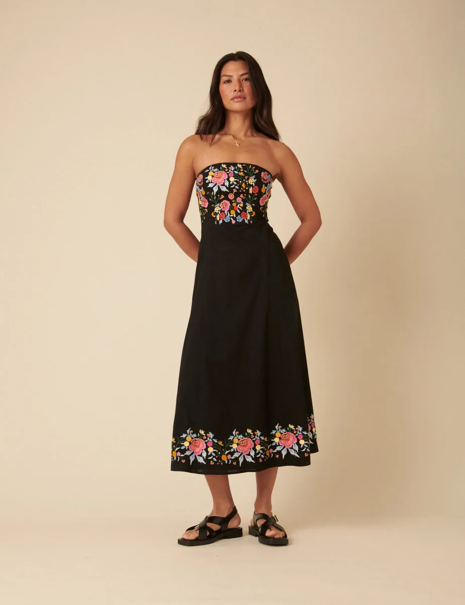 Black Floral Embroidered Bandeau Alpha Midi Dress sold by Nobody's Child
