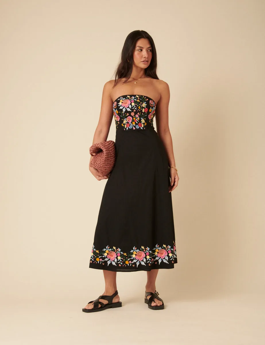 Black Floral Embroidered Bandeau Alpha Midi Dress sold by Nobody's Child product image thumbnail 3