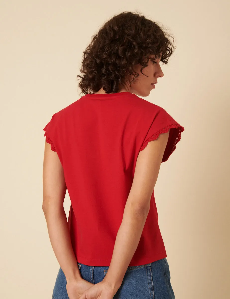 Red Crochet Trim Cap Sleeve T-Shirt sold by Nobody's Child product image thumbnail 5